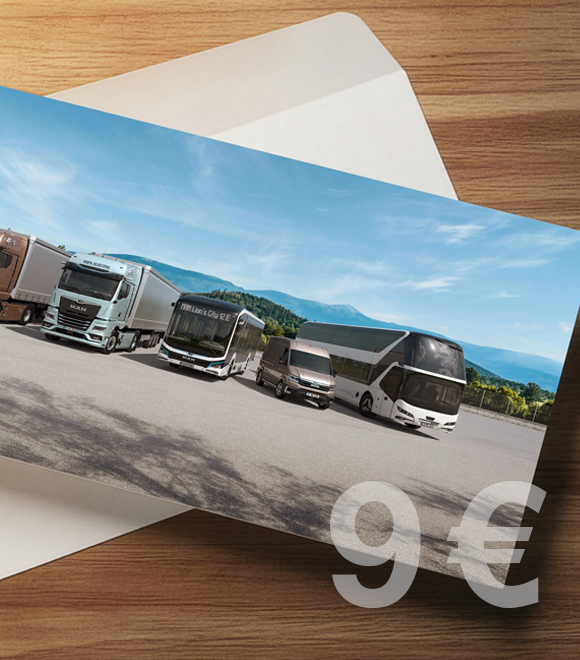 KI-generiertes Bild: Lkw, Bus, Van und Reisebus nebeneinander vor Bergkulisse, dargestellt auf Karte mit Preis „9 €“