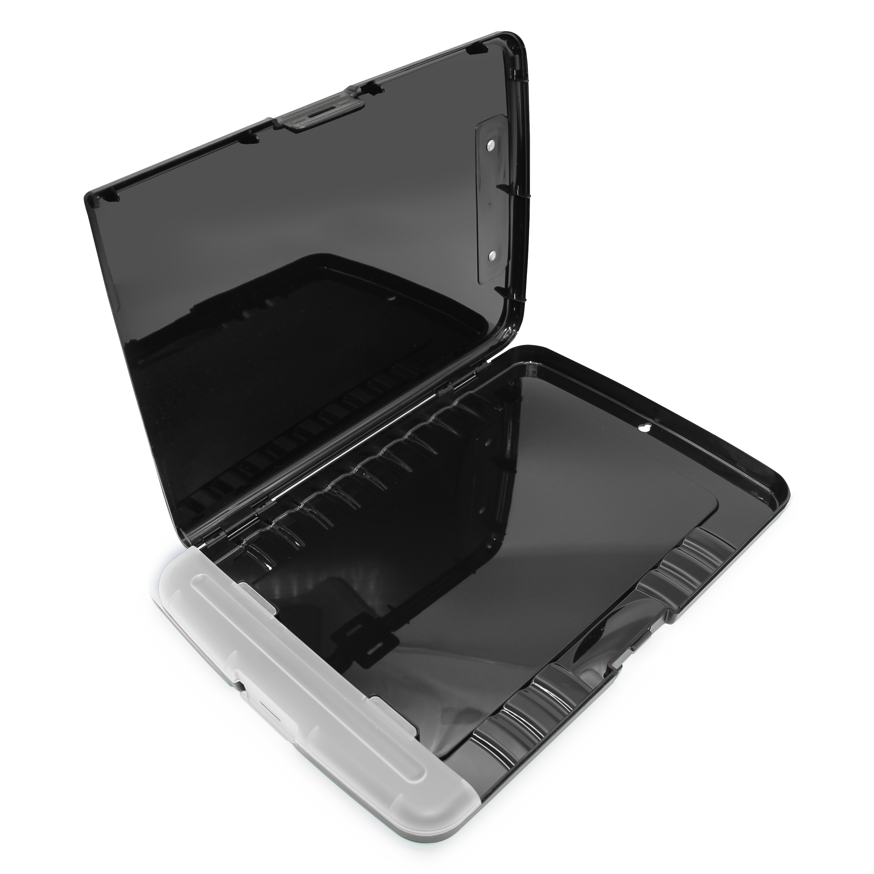 clipboard with document compartment, pen compartment and metal clip