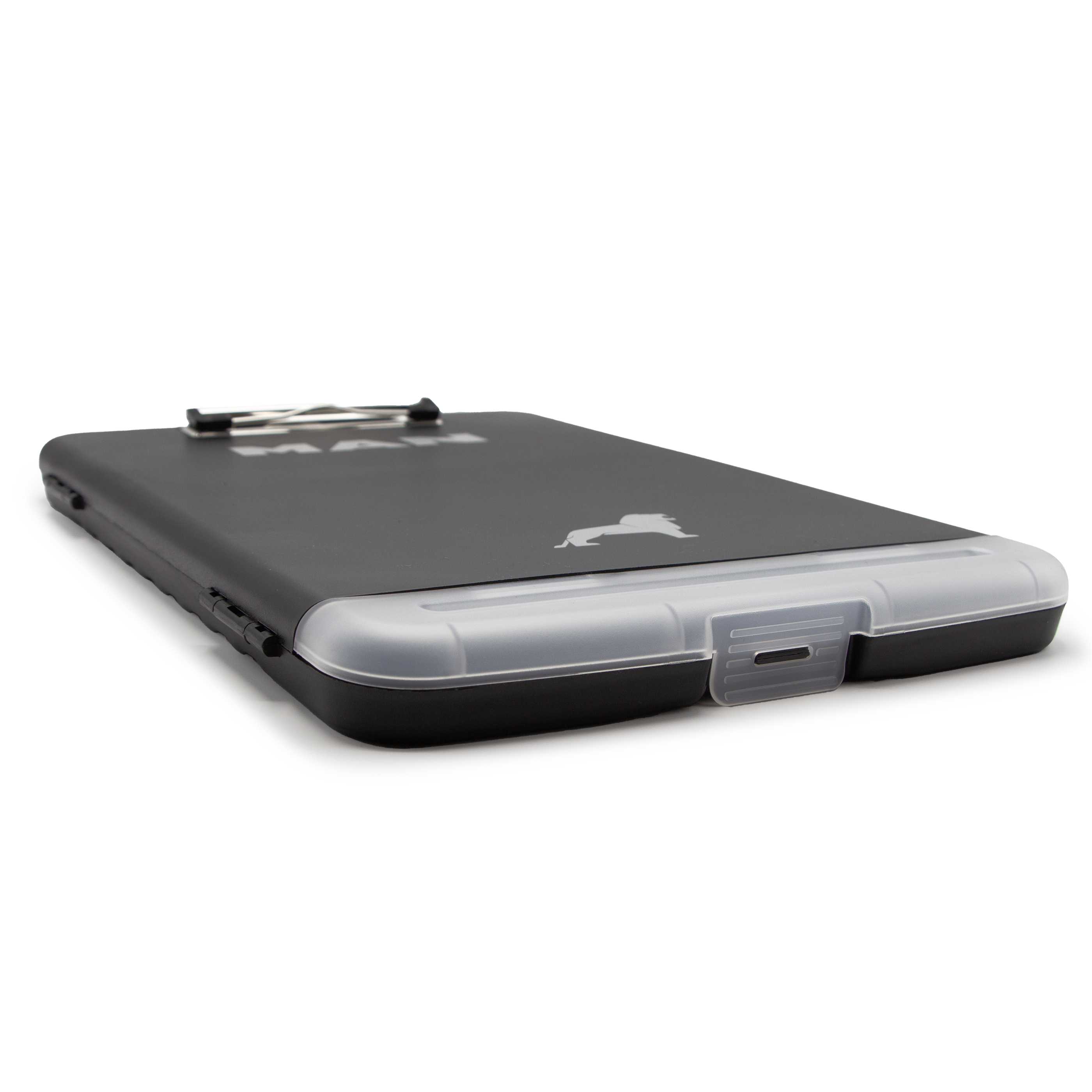 clipboard with document compartment, pen compartment and metal clip